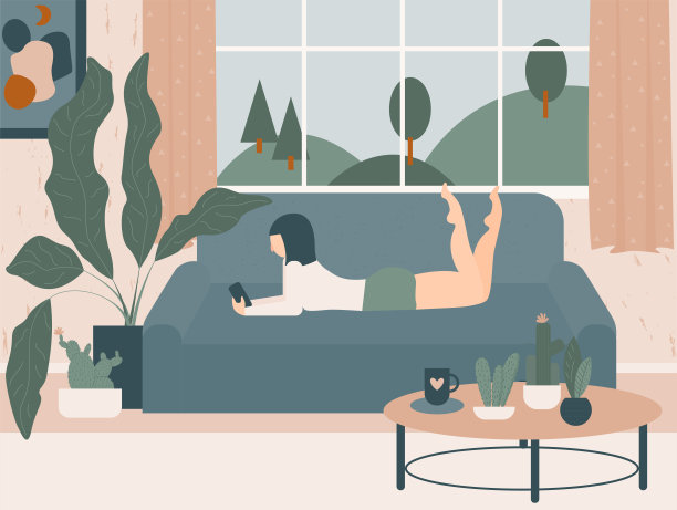 舒适的手绘卡通家居内饰。女孩躺在窗边的沙发上，手里拿着手机。图片下载