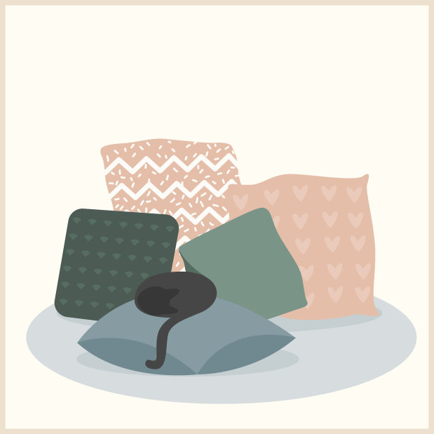 抽象手工枕头和猫插图。手绘卡片用于设计家居室内印花，宠物店装饰，墙纸，包或t恤印花等。图片下载