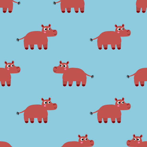 可爱的卡通河马在平面风格无缝图案。图片下载