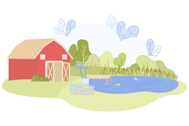 渔场与谷仓房鱼在水池塘图片下载