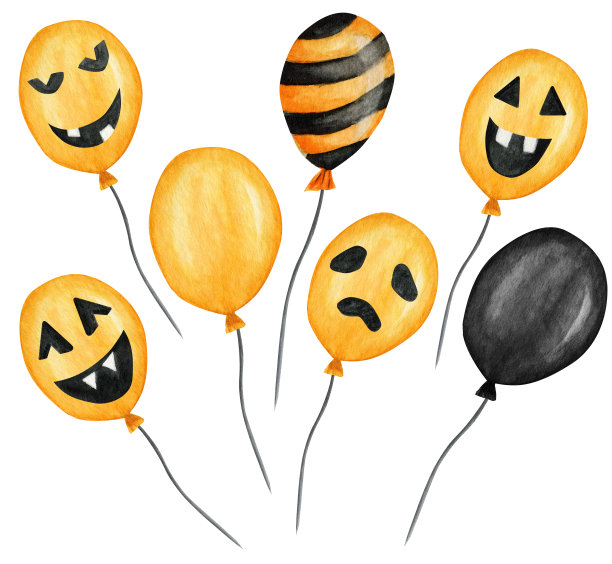 水彩令人毛骨悚然的万圣节气球可怕的脸，为派对孤立的插图在白色的背景。快乐橙色假日气球图片下载