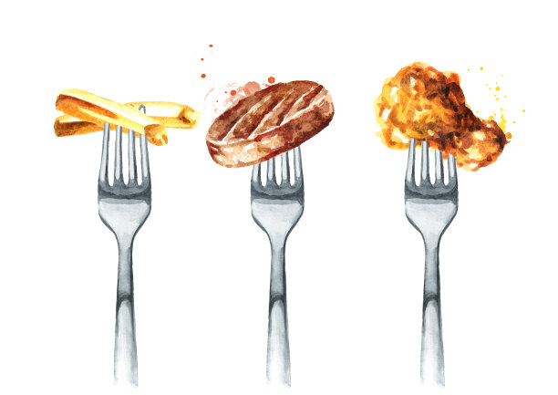 炸薯条，炸肉排，炸鸡叉。饮食观念与健康饮食。手绘水彩插图孤立的白色背景图片下载