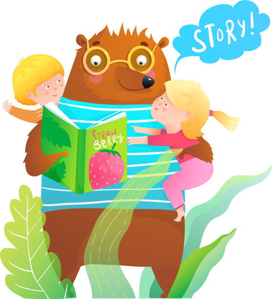 森林熊给小男孩读故事书图片下载