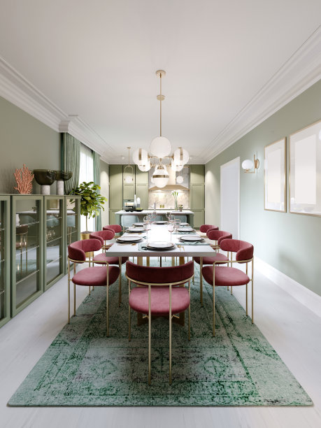 用餐区与餐桌，绿松石椅子，白色大理石台面，服务桌。薄荷色的大餐厅厨房。图片下载