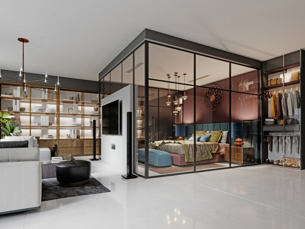 现代卧室，在工作室的玻璃后面。勃艮第的墙壁，豪华的床，电视单元，角落里的大沙发。图片下载