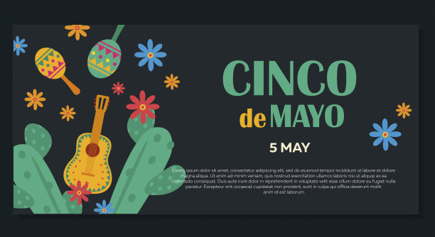 5月5日是五月五日。横幅与墨西哥联邦假日设计与传统墨西哥符号，鲜花，墨西哥仙人掌，红辣椒，沙球，宽边帽股票插图图片下载