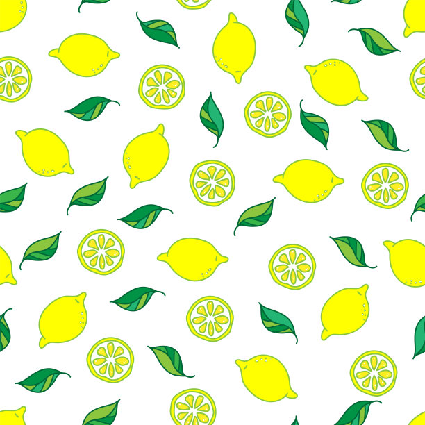 黄色柠檬和叶子的无缝图案。图片下载