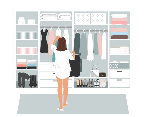 衣柜的储藏室和年轻优雅的女人的前面打开衣柜满是优雅的衣服。每天选择穿什么去办公室图片下载