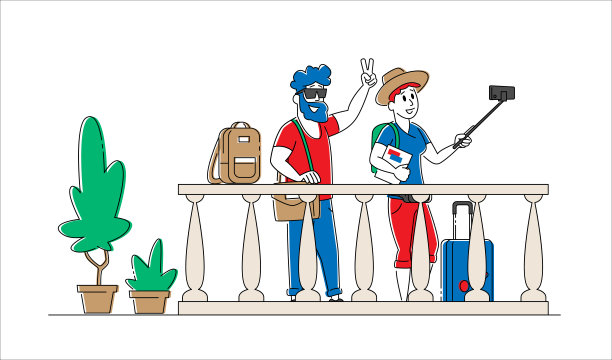 男女游客用手机在旅馆阳台拍照留影。人物用手机自拍图片下载