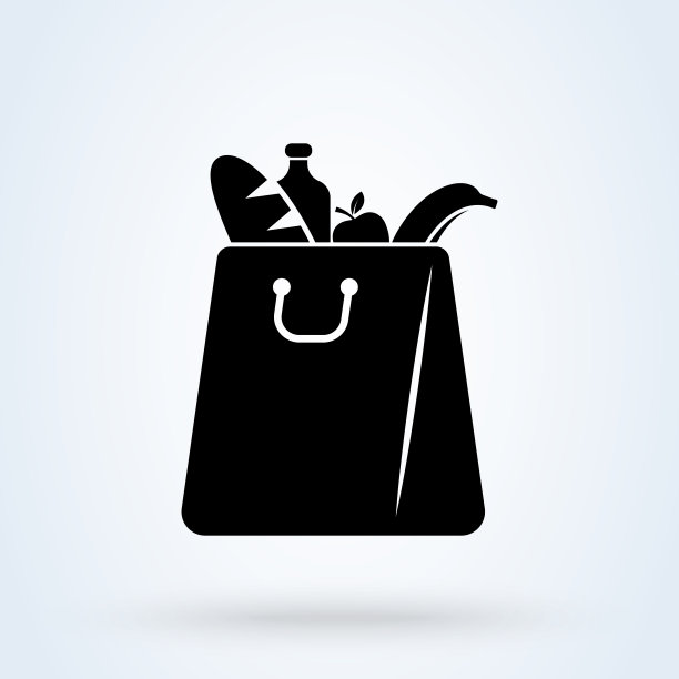 杂货图标。满满一篮子的食物，特别优惠，矢量标志。食品袋图标模板。农贸市场纸盒插图。线杂货店的标志背景。简单的现代图标设计插图。图片下载