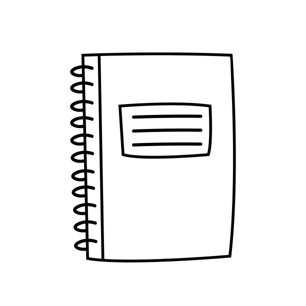 笔记本。学校,学习知识。文具、商业、办公室。线的艺术。墨黑插图，图标。孤立在白色背景上。图片下载
