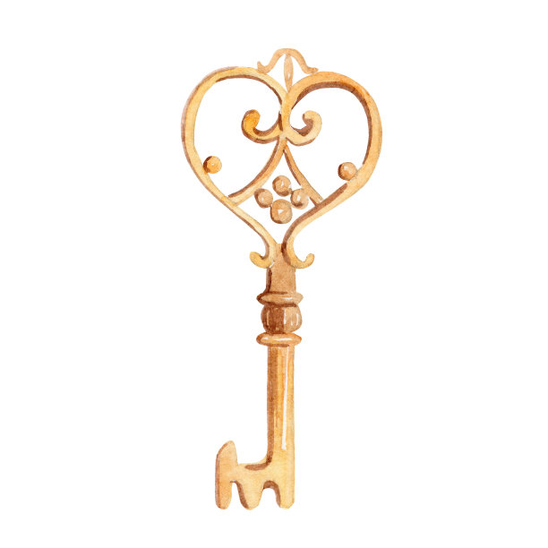 水彩古董黄金心形键孤立在白色背景图片下载