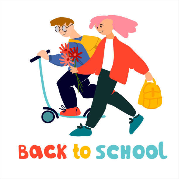 回到学校矢量横幅，插图。学童与滑板车和花卉插图和手写字图片下载