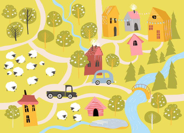 可爱的小村庄和盛开的树在卡通图片下载