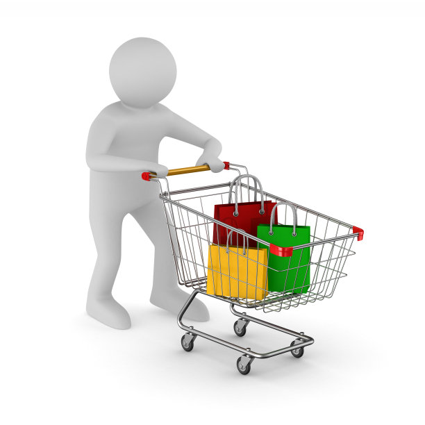 白色背景上的男人和购物车。孤立的3 d演示图片下载
