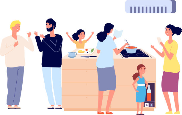 派对上有美食，女人做饭，男人聊天图片下载