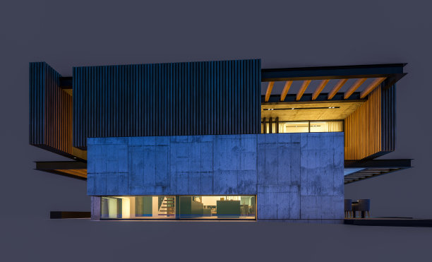 现代住宅的3d渲染，木板立面隔离在黑色上图片下载