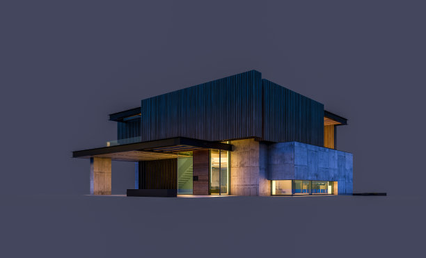 现代住宅的3d渲染，木板立面隔离在黑色上图片下载
