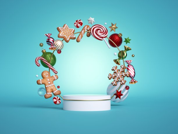 3d渲染，圣诞展示模型。空的讲台、舞台或空的台座圆形框架装饰姜饼饼干，球，装饰品和糖果孤立在蓝色的背景图片下载