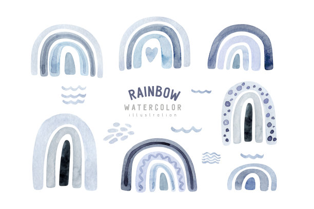 水彩儿童雨集，斯堪的纳维亚剪纸与手绘波西米亚彩虹。时尚斯堪的纳维亚风格的幼儿园艺术插画。当代艺术，男孩和女孩的彩虹图形图片下载