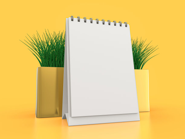 书桌空白日历模型在黄色背景。三维演示图片下载