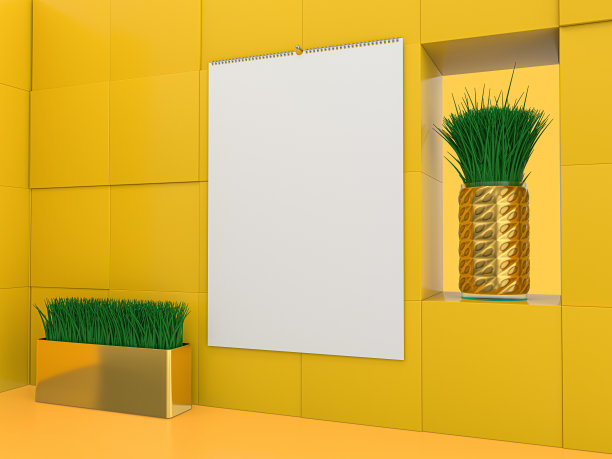 股票纸封面挂历。模型上的黄色背景。3 d演示。图片下载