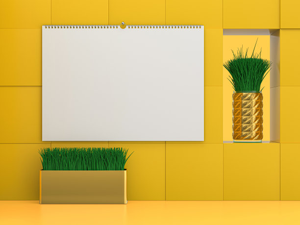 股票纸封面挂历。模型上的黄色背景。3 d演示。图片下载