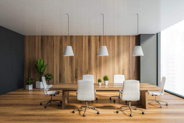 灰色和木制全景办公会议室图片下载