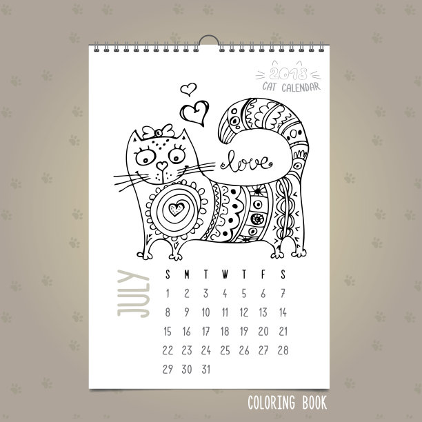 2018年7月月历与可爱的猫图片下载