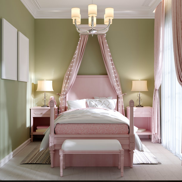 儿童卧室有一张大的粉红色的床和一个顶棚，开心果色的墙壁。图片下载