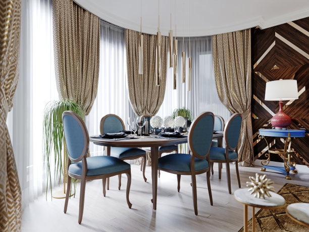 时尚设计师的餐厅，配有供六人用餐的餐桌。蓝色内饰的木制家具，带窗帘的大窗户。图片下载