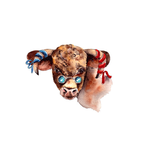 水彩插图。2021年的牛年。可爱的不寻常的引导。新年和圣诞节的插图。公牛是2021年的象征。孤立在白色背景上图片下载