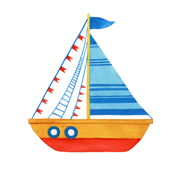 程式化的儿童黄船与蓝色的帆。水彩手绘绘画插图，孤立在一个白色的背景。图片下载
