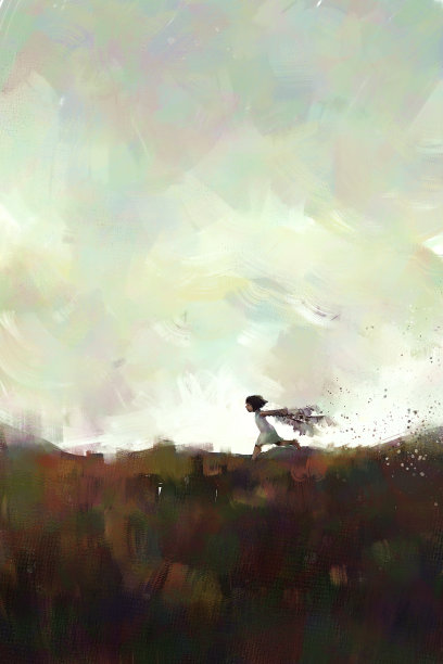 小女孩在日落草地上奔跑的数字艺术绘画，画布上的丙烯纹理，讲故事的插图，空白画布上的顶部图片下载