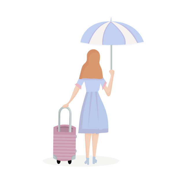 优雅的女孩提着行李箱去旅行，她会有历险和难忘的休息。穿着漂亮的裙子，穿着高跟鞋，撑着遮阳伞遮阳。平面设计图片下载