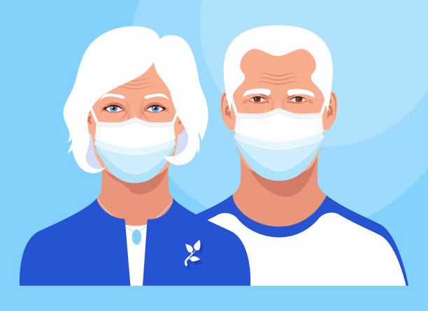 老年男子和妇女夫妇在医疗面具肖像上的蓝色背景。Covid-19老年人保护理念。图片下载