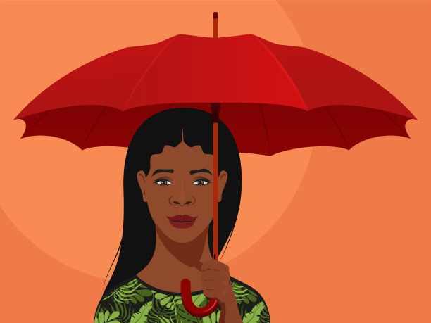 美丽的非裔美国女孩，在橙色背景下的红色伞下，穿着一件带有绿叶的衬衫的女人。图片下载