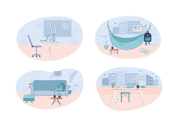 不同工作场所半平面矢量图图片下载