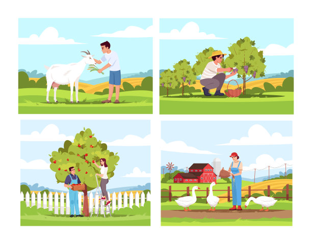 村活动半平面矢量插图集图片下载