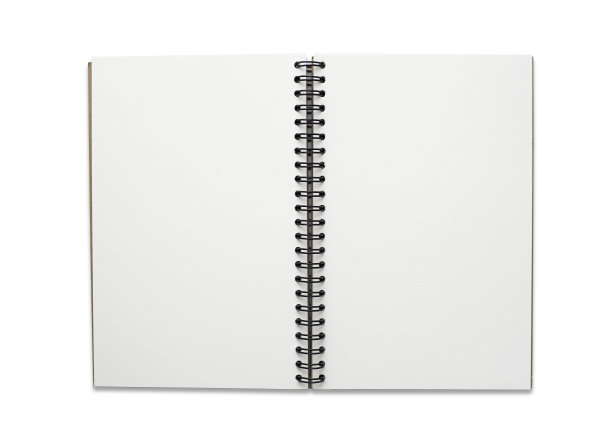 顶部视图以上的开放螺旋空白页笔记本孤立在白色背景设计一个模型。教育与经营理念。平躺图片下载