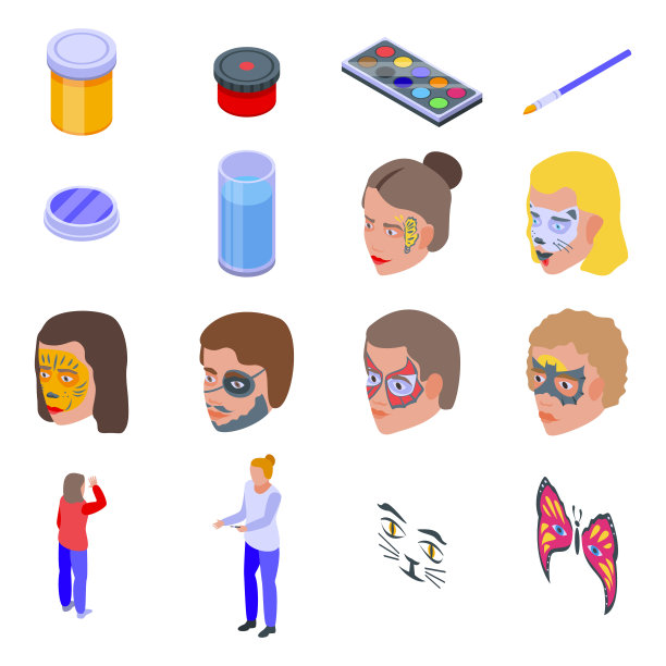 脸部绘画图标集，等距风格图片下载