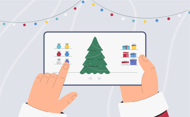 圣诞和新年快乐的概念。圣诞老人手持平板，用屏幕上的小玩意和花环装饰圣诞树。平面风格矢量插图。图片下载