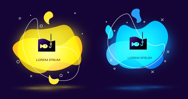 黑色鱼钩水下与鱼图标隔离在黑色背景。渔具。带有液体形状的抽象横幅。向量图片下载