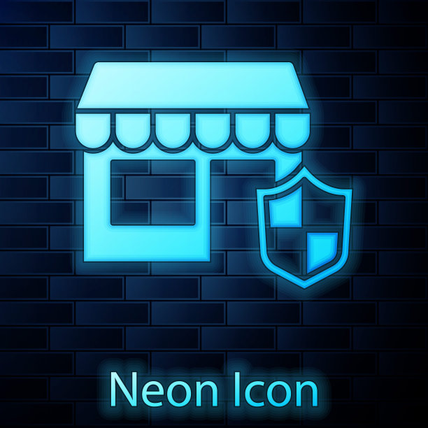 霓虹灯购物大楼与盾牌图标隔离在砖墙背景。保险的概念。安全、安全、保护、保护理念。向量图片下载