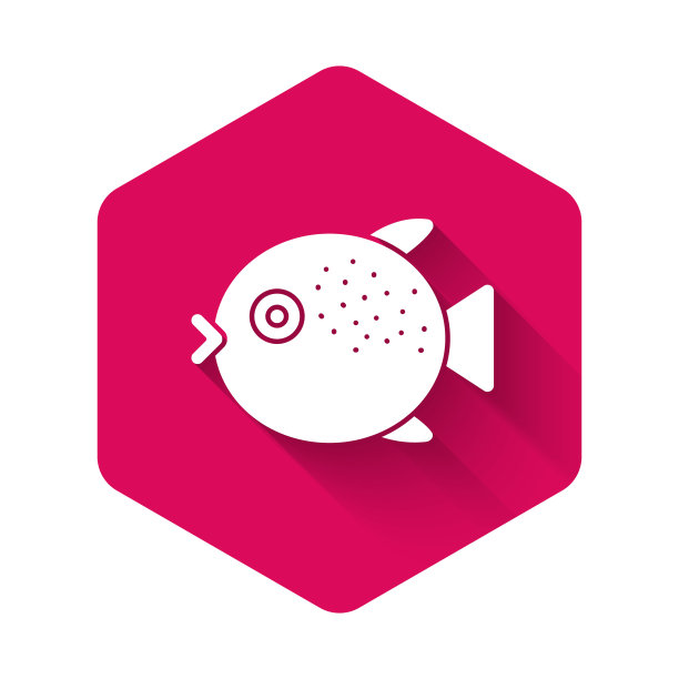 白色河豚鱼图标孤立与长影子。河豚日本河豚鱼。粉红色的六角按钮。向量图片下载