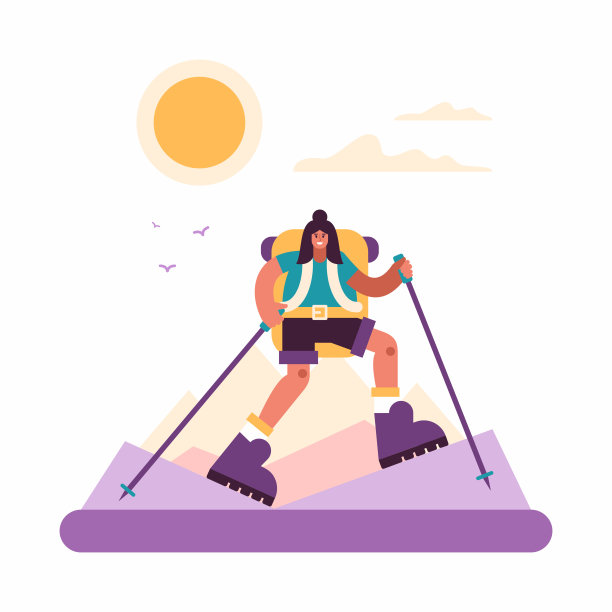 快乐的女性徒步行走在山区地形图片下载