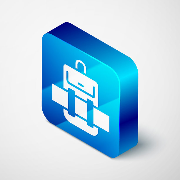 等距徒步背包图标孤立在灰色背景。野营和登山背包。蓝色方块按钮。向量图片下载