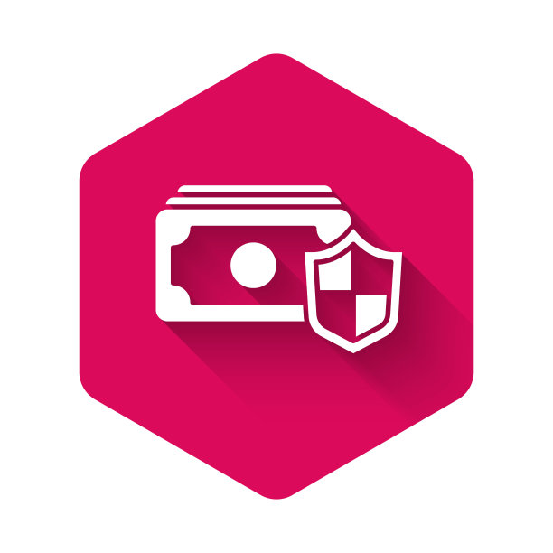 白色金钱与盾牌图标隔离与长影子。保险的概念。安全、安全、保护、保护理念。粉红色的六角按钮。向量图片下载
