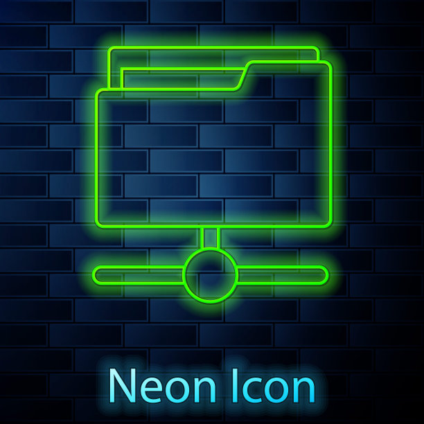 霓虹灯线FTP文件夹图标隔离在砖墙的背景。软件更新，传输协议，路由器，群控工具管理，复制过程，信息。向量图片下载