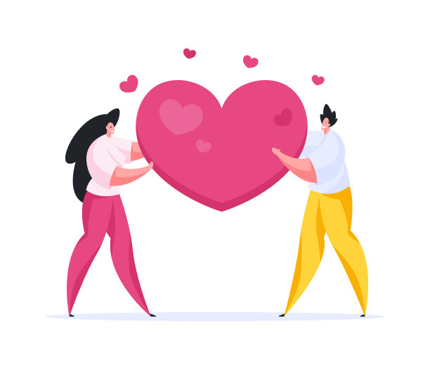 可爱的卡通情侣分享大粉红色的心图片下载